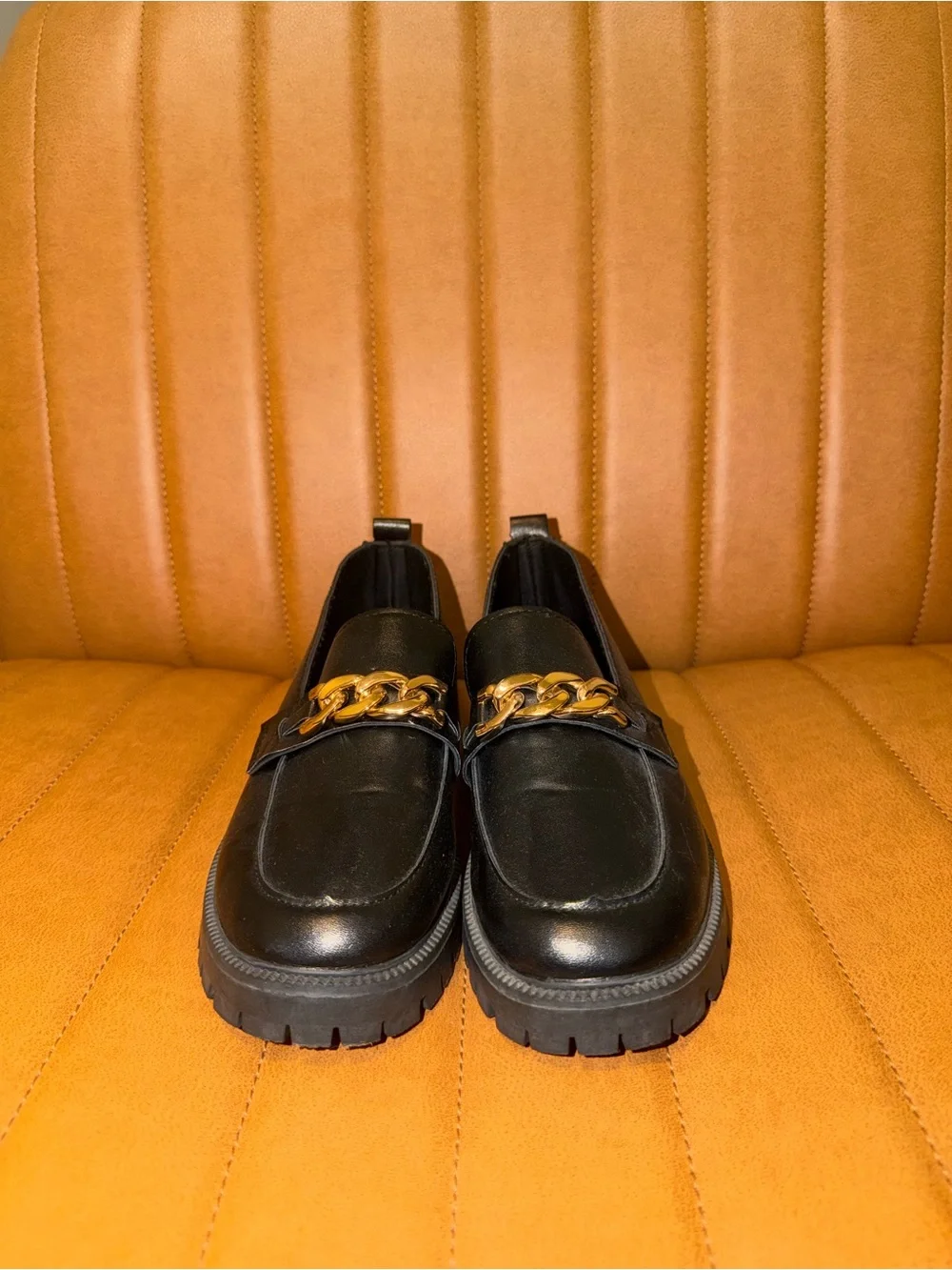 Black Leather Chain-Trim Women’s Loafers